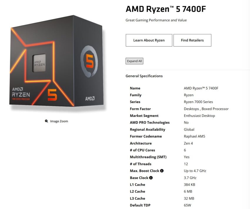 AMD lança Ryzen 5 7400F globalmente: 6 núcleos, até 4,7 GHz e 65W