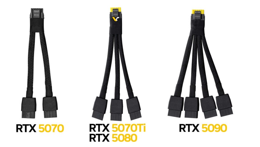 RTX 5090, 5080 e 5070 Ti da MSI trazem adaptador com ponta amarela para segurança