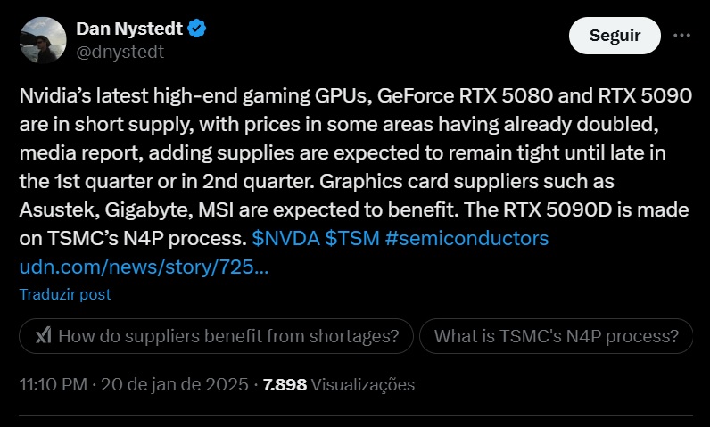 Estoque limitado das RTX 5080 e RTX 5090 já teria dobrado o preço das GPUs na China